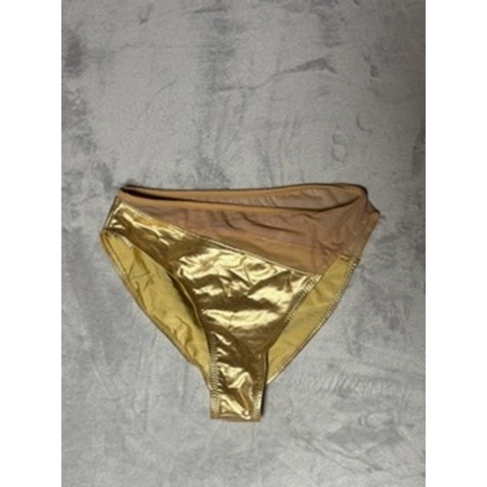 Norma Kamali Gold‎ Metallic and Sheer Mesh High Waisted Bikini Bottom Large